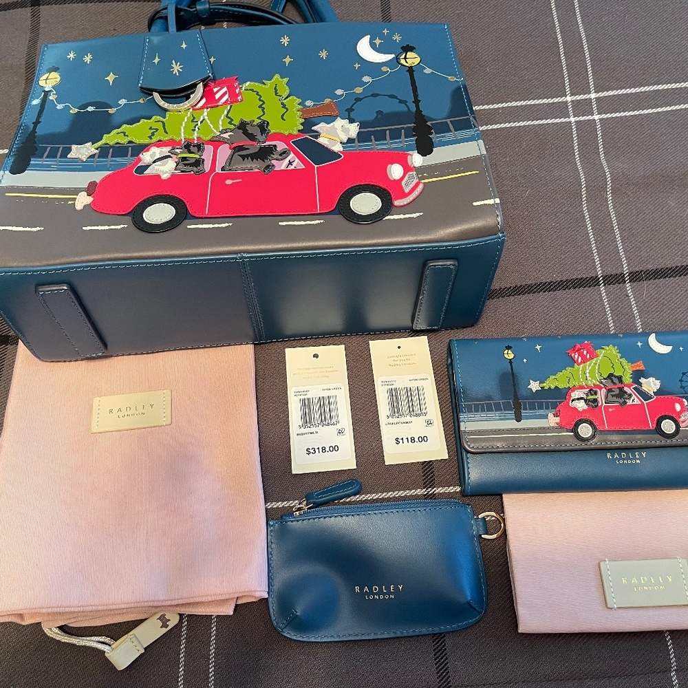 RADLEY “Driving Home for Christmas” satchel, wallet, coin purse and dust covers